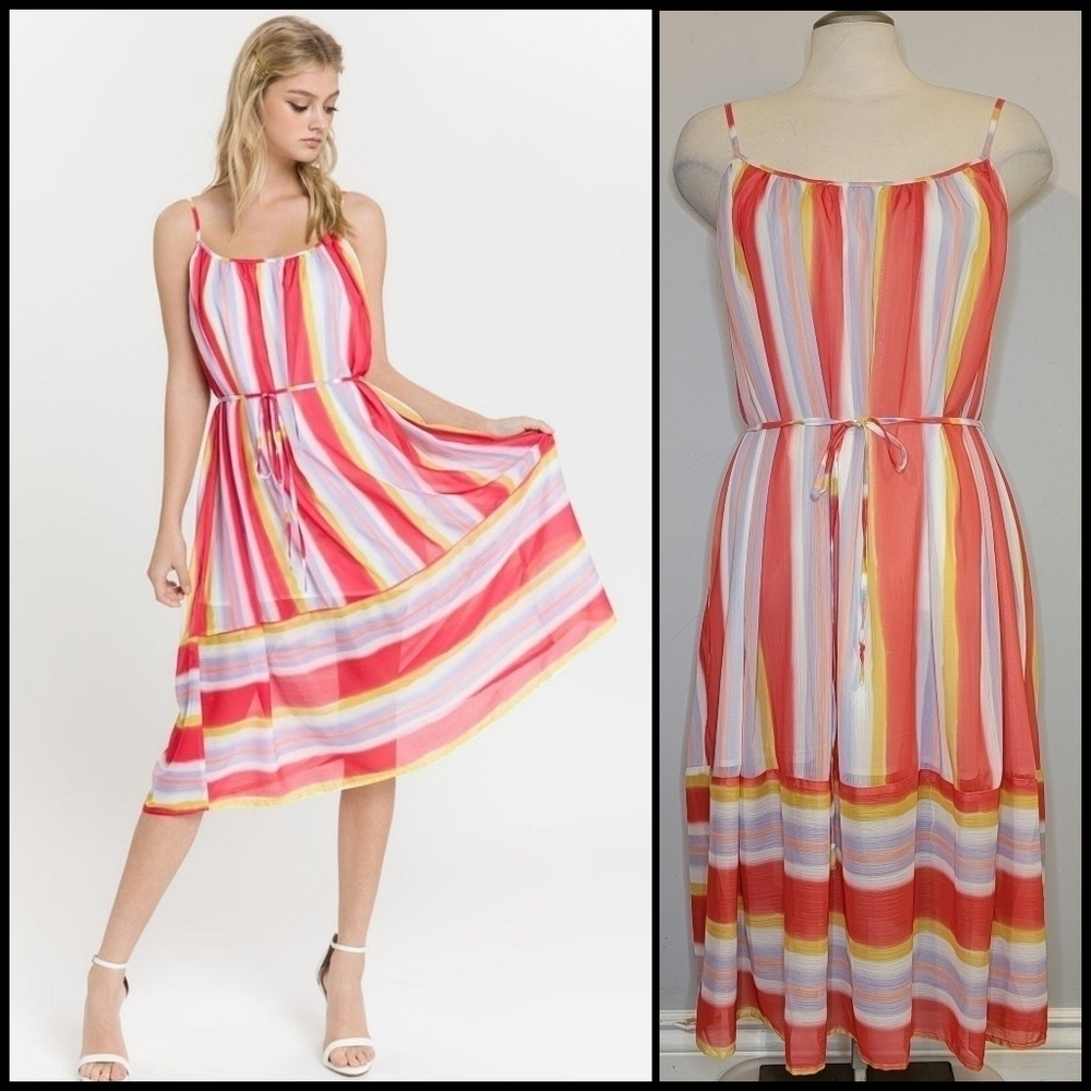 Endless Rose | Flowy, Spaghetti Strap, Striped Chiffon Midi Dress with Belt